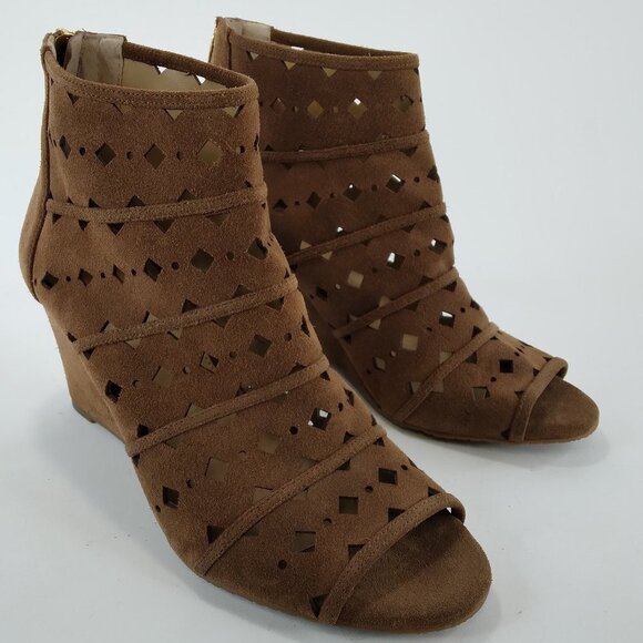 Michael Michael Kors Uma Brown Suede Wedge Peep Toe Ankle Boots Size 10M - Picture 1 of 13